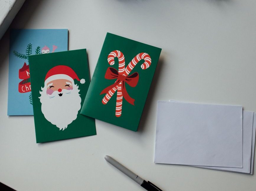 flat lay of christmas cards